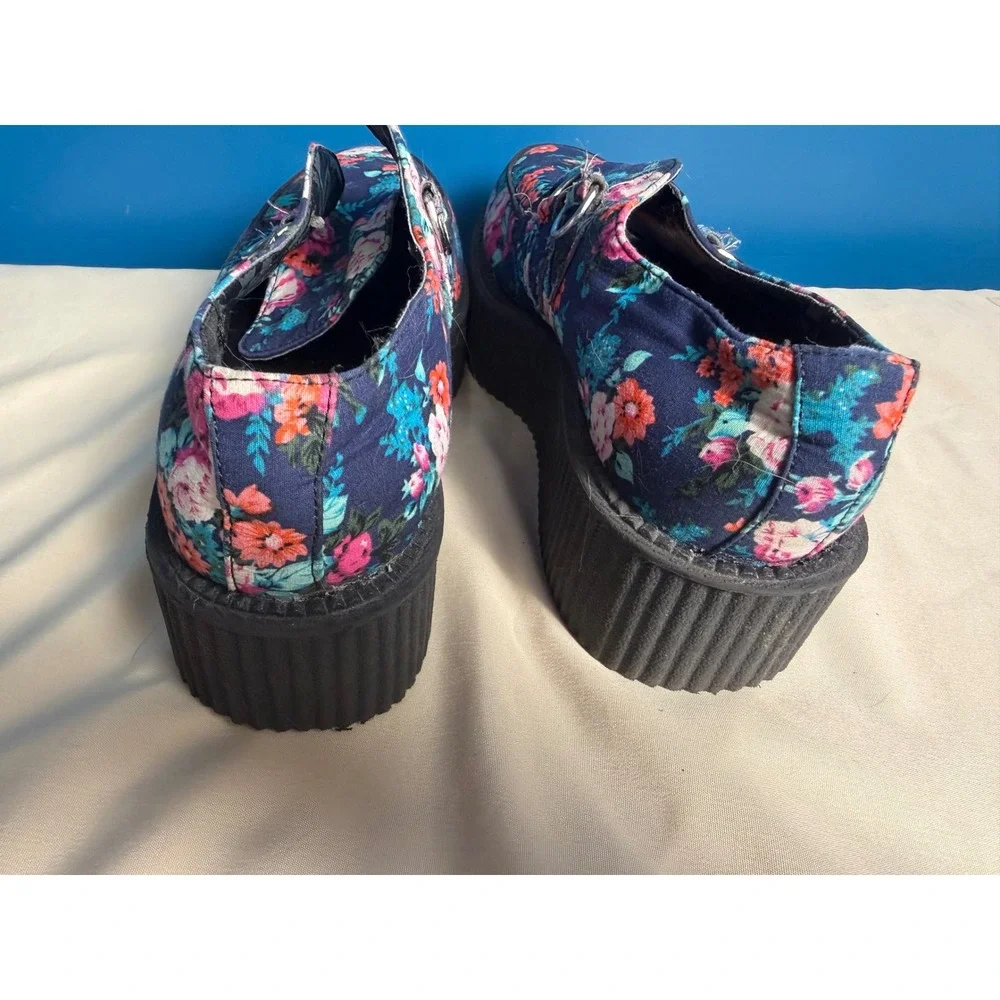 T.U.K. Floral Print Viva Mondo Creepers Navy Blue Platform Shoes Size 9 Y2K 2014